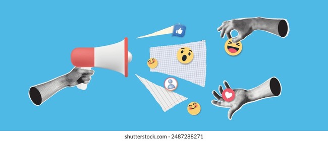 Megaphone with emojis. Halftone loudspeaker, trendy retro collage, vintage megaphone for announcing promotion. Announcement banner of news, sales. Loudspeaker announces