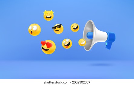 Megaphone with emojis. Social media reactions concept
