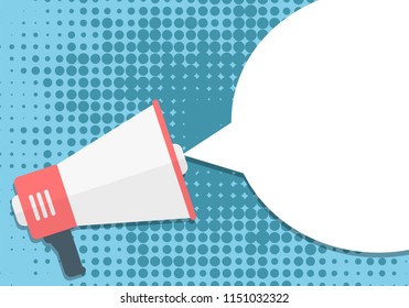 Megaphone with empty peech bubble on blue pop art comic style background. Loudspeaker. Vector illustration. 