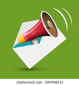 Megaphone in Envelope Icon. Vector E-mail and  Speaker Symbol on Green Background.