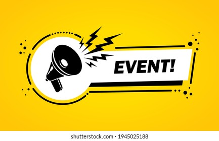 Megáfono con pancarta de la burbuja del discurso del evento. Altavoz. Etiqueta para negocios, marketing y publicidad. Vector de fondo aislado. EPS 10.