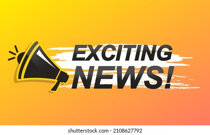 Megaphone with exciting news on brush stroke yellow banner. Loudspeaker. Banner for business, marketing and advertising.