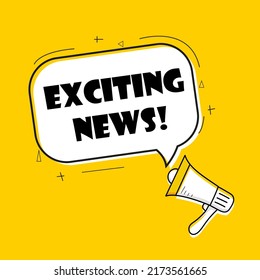 Megaphone with exciting news speech bubble on yellow background.