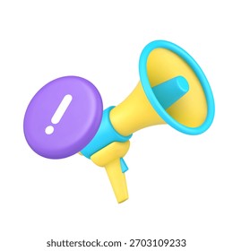 Megáfono y signo de exclamación para notificación, anuncio, alerta, advertencia, marketing, promoción, publicidad y altavoz. Icono 3D Ilustración vectorial realista