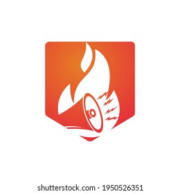 Plantilla de diseño del logotipo del vector de incendio de megáfono. El concepto de logotipo de marketing, revolución y noticias.