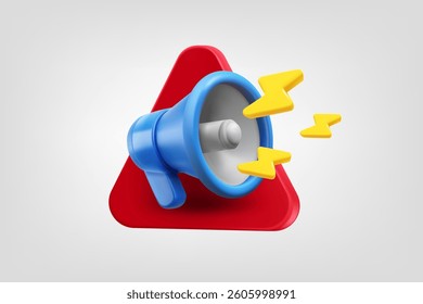 Megaphone with flashes on red triangle. Vector 3d application icon