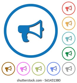 Megaphone flat color vector icons with shadows in round outlines on white background