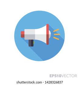 Icono redondo de diseño plano megáfono. Símbolo de color del marketing y la publicidad. Ilustración vectorial de sombra larga en un círculo aislado sobre fondo blanco.