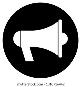 Icono plano megáfono en círculo negro aislado en fondo blanco. Símbolo del altavoz. Ilustración vectorial de altavoz
