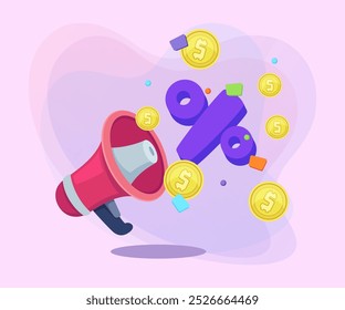 Megáfono Ilustración vectorial plana. Porcentaje y monedas de oro sobre fondo. Venta, compras, publicidad, dinero, concepto de descuento. Puede ser utilizado para el diseño del cartel o del Anuncio