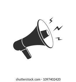 Megaphone flat web icon. Loudspeaker sign isolated on white background. Monochrome style. Design element for poster, emblem or flyer. Social media, promotion or marketing concept. Vector illustration.