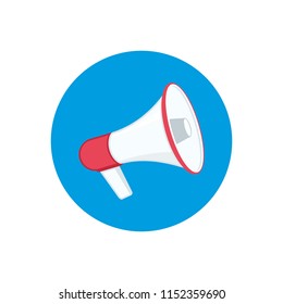 Megaphone flat web icon. Loudspeaker sign isolated on white background. Design element for poster, emblem or flyer. Social media, promotion or marketing concept. Vector illustration.