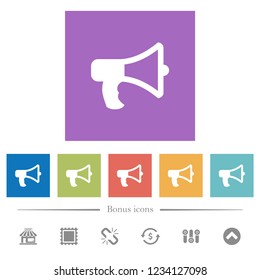 Megaphone flat white icons in square backgrounds. 6 bonus icons included.