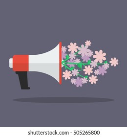 Megáfono con el icono plano de la flor. Ilustración vectorial
