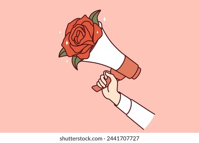 Megaphone with flowers in hands of man, metaphor for peaceful protest and call for pacifism. Flowers with bullhorn to advertise flower delivery and promote bouquet assembly services in florist shop