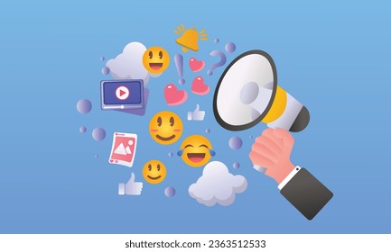 Megaphone with Flying Social Media Icons. Render Like, Image, Message and Video Sign and Loudspeaker.on blue background.Vector Design Illustration.