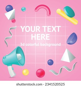 Megaphone frame. Announcement backdrop with geometric figures. Colorful abstract background. Social media advertising poster. 3d isolated loudspeaker elements. Vector square banner template
