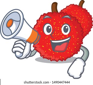 With megaphone fresh bayberry fruit in mascot basket