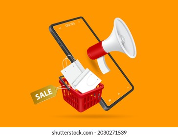 Megaphone was in front of the smartphone, and beside the smartphone was a basket full of shopping bags. and has a sale sign and all objects floating in the air,vector3d isolated for online shopping