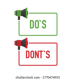 Megaphone geometric green and red banner with dos and dosnt speech bubble. Flat style. Vector illustration.