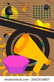 Fondo de tema retro gráfico geométrico de megáfono. Elementos geométricos mínimos. Ilustración vectorial de Formas abstractas de Antiguas.