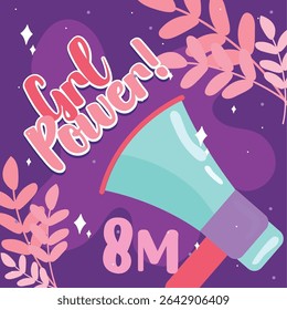 Megafone girl power 8M. Ilustração vetorial