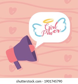 megaphone with girl power lettering design over pink background, flat style, vector illustration