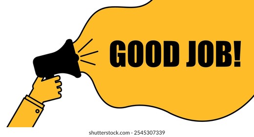 Megaphone with 'Good Job!' text in yellow speech bubble on white background.