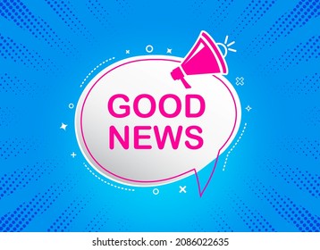 Megaphone with good news on blue background. Megaphone banner. Web design. Vector stock illustration