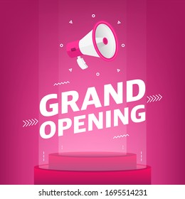 Megaphone with grand opening text in the air. Banner for business, marketing and advertising on pink background. Vector illustration.