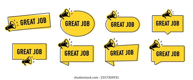 Megaphone with Great job speech bubble. Loudspeaker. Banner for business, marketing and advertising. Vector illustration.