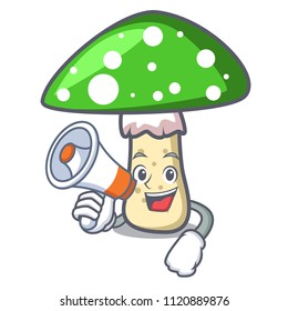 With megaphone green amanita mushroom character cartoon