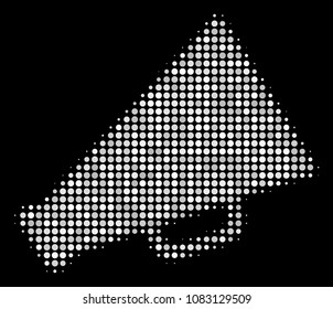 Megaphone halftone vector icon. Illustration style is pixel iconic megaphone symbol on a black background. Halftone structure is made with circle spots.