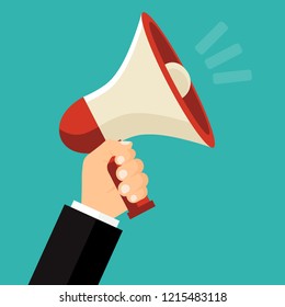Megaphone in hand . Bullhorn. Hand. Vector illustration. Flat design for business financial marketing banking advertising web concept cartoon illustration.