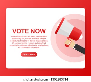 Megaphone Hand, business concept with text Vote now. Vector stock illustration