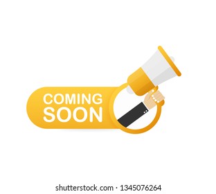 Megaphone Hand, business concept with text coming soon. Vector stock illustration