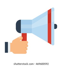 Megaphone in hand. Conceptual image information transfer. Elements for sites, brochures, flayers, posters and info graphics. Cartoon flat vector illustration. Objects isolated on a white background.