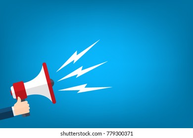 Megaphone in hand flat vector image illustration art esp isolated on blue background cartoon