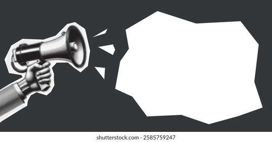 Megaphone hand in halftone style. Flat megaphone and hand for marketing advertising design