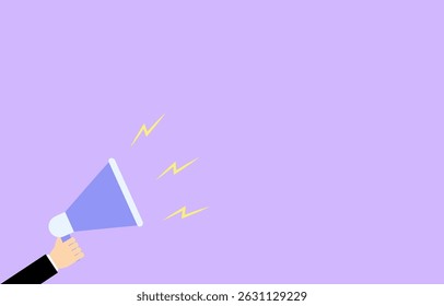 Megaphone with hand on purple background with copy space for text.Speaker, microphone for advertising, sale, notification, announcement, marketing, business, news, hiring and all purpose.