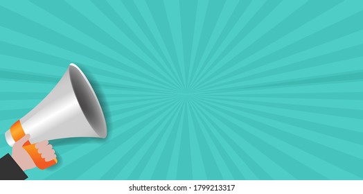 Megáfono con fondo de ráfaga de sol mano con malla gradiente, Ilustración vectorial