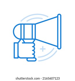 
Megaphone in hand vector line icon. Advertising promotion with public announcements. Urgent information warning through shout. Social creative management presentation with crowd engagement.