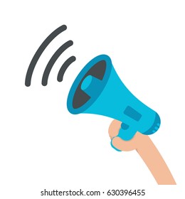 Megaphone handheld blue on hand, horn loudspeaker, concept for social media marketing, colorful flat style vector illustration
