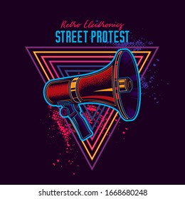 Megaphone. Hand-held loudspeaker horn in neon style. Original vector illustration.