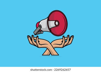Megáfono con ilustración vectorial de manos. Anuncio concepto de icono de objeto de altavoz. Concepto de tiempo de marketing, altavoz con diseño vectorial de manos con sombra.