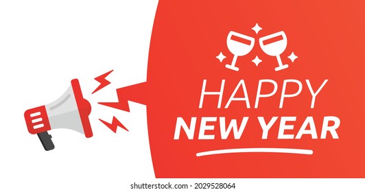 Megaphone with Happy New Year text.