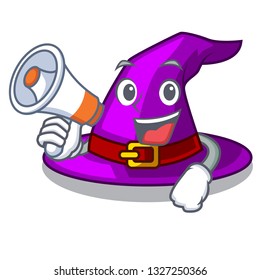With megaphone with hat in the shape mascot