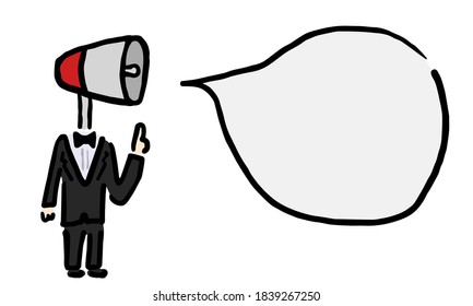 Megaphone head man speaking : Hand drawn vector illustration like woodblock print