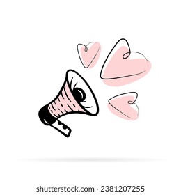 Megaphone with hearts romantic illustration. Doodle linear style, spreading love concept. Simple loudspeaker icon and heart shape label isolated on white background.