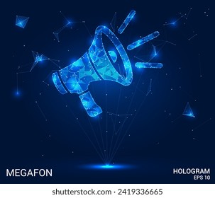 Un holograma megáfono. Un megáfono de polígonos, triángulos de puntos y líneas. Megafon es una estructura compuesta de baja polilla. Vector de concepto de tecnología.